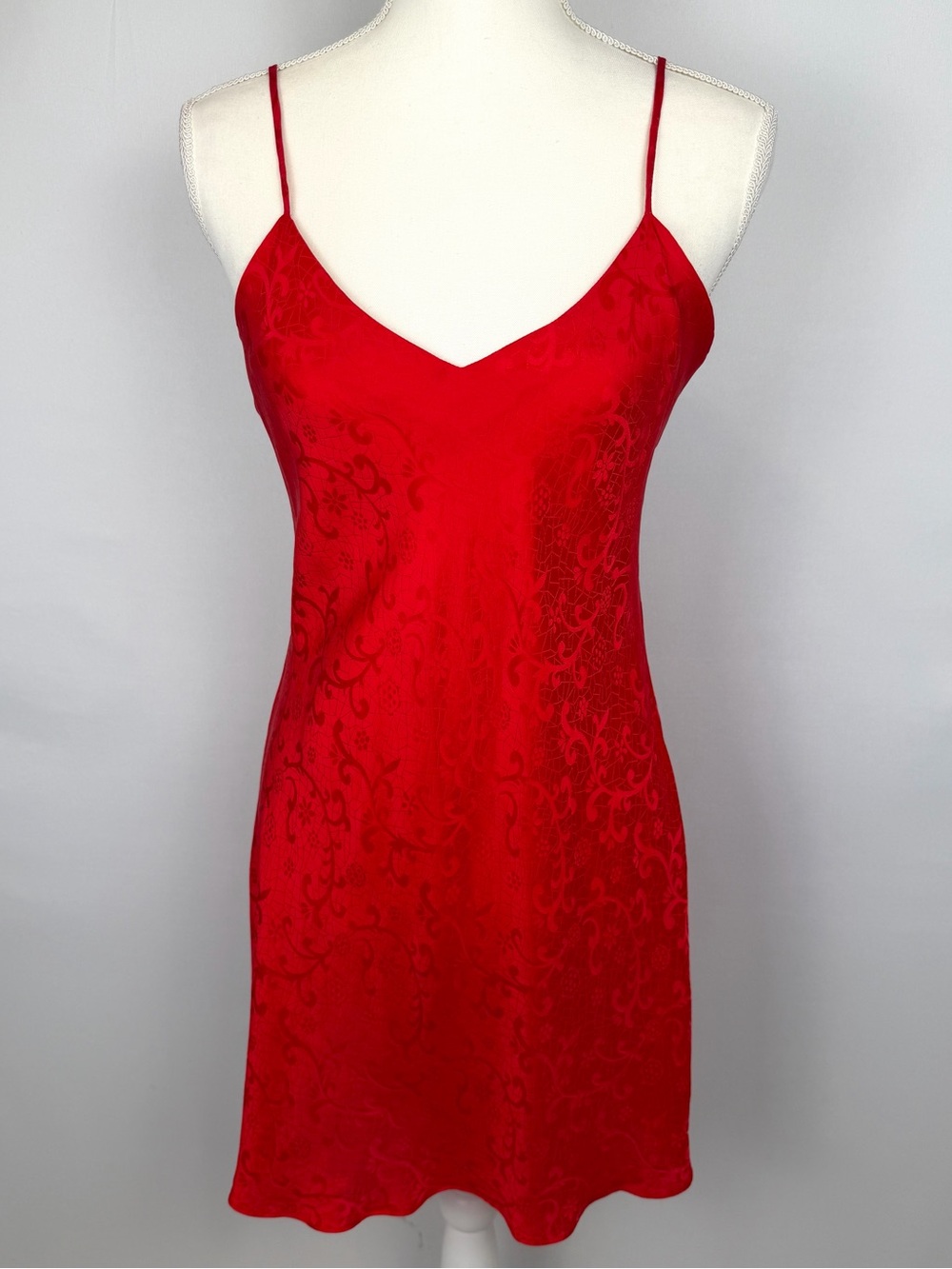 Silx August Silk Red Silk Jacquard Chemise Slip Dress Spaghetti Straps Medium
